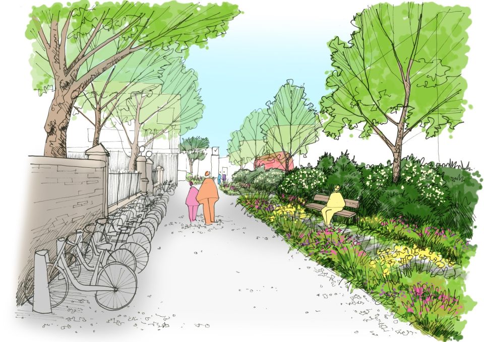 An illustration depicting a reimagined street with trees, bike hire and shrubs