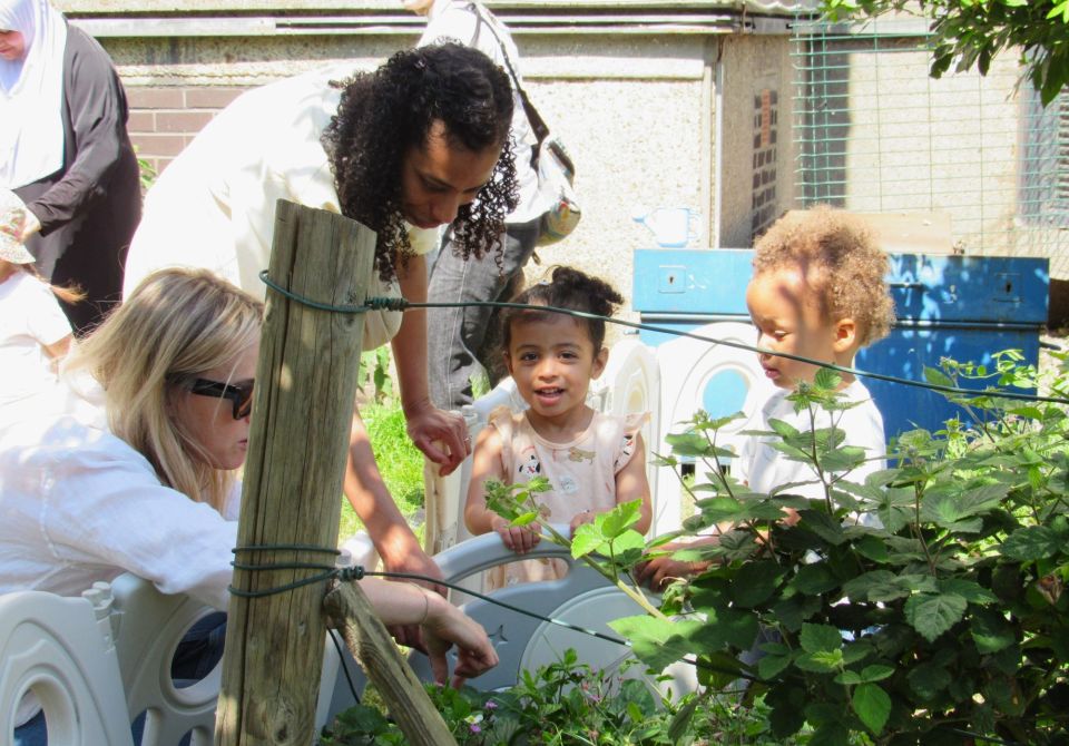 Two adults and two children looking at a plant growing up a fence