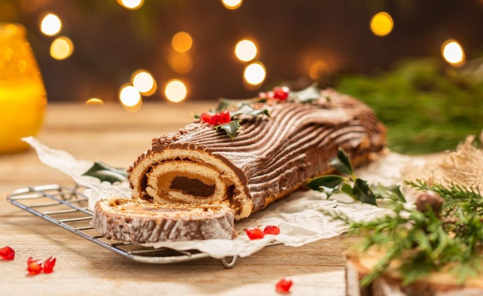 a chocolate yule log on a table